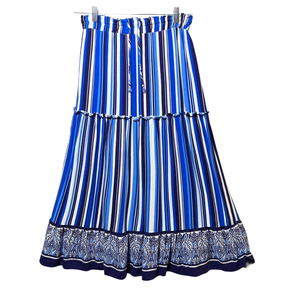 Gibson Blue White Striped Paisley Hem Tiered‎ Maxi Skirt Medium Boho Rayon